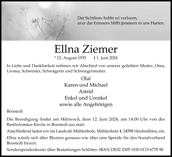 Traueranzeige von Ellna Ziemer von Holsteinischer Courier