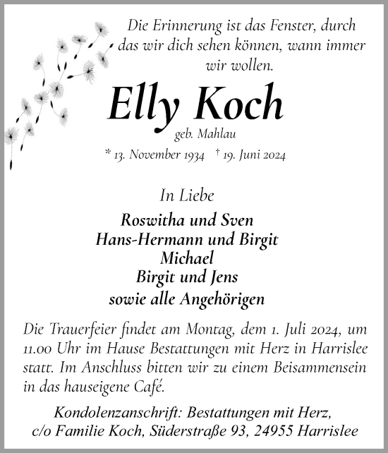 Traueranzeige von Elly Koch von Flensburger Tageblatt