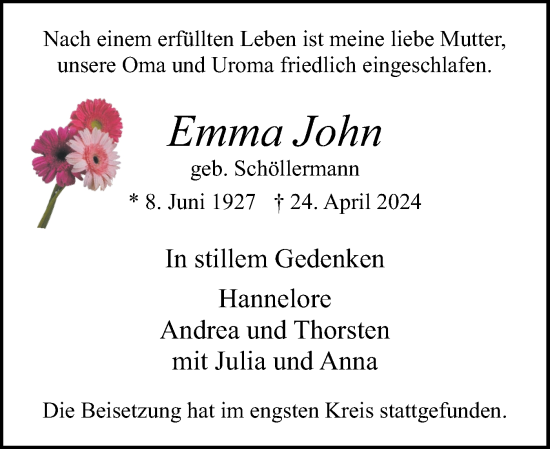 Traueranzeige von Emma John von Elmshorner Nachrichten, Barmstedter Zeitung