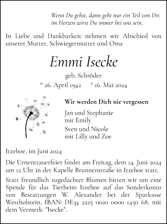 Traueranzeige von Emmi Isecke von Norddeutsche Rundschau, Wilstersche Zeitung, Glückstädter Fortuna