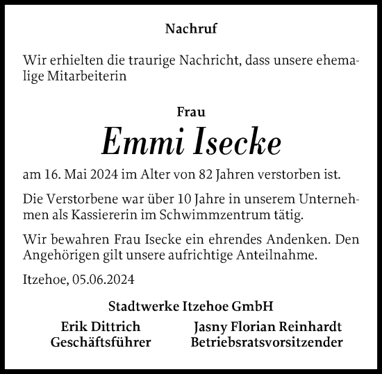 Traueranzeige von Emmi Isecke von Norddeutsche Rundschau, Wilstersche Zeitung, Glückstädter Fortuna
