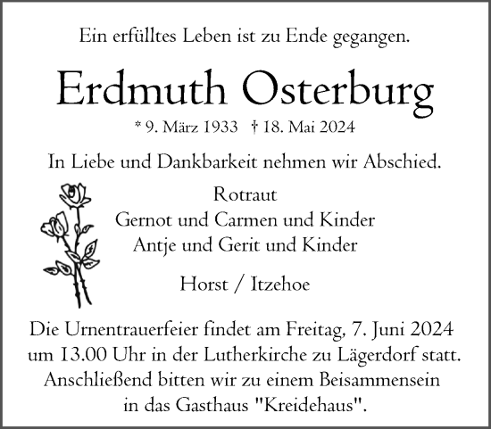 Traueranzeige von Erdmuth Osterburg von Norddeutsche Rundschau, Wilstersche Zeitung, Glückstädter Fortuna