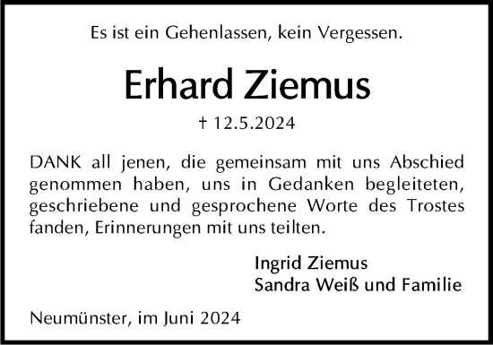 Traueranzeige von Erhard Ziemus von Holsteinischer Courier