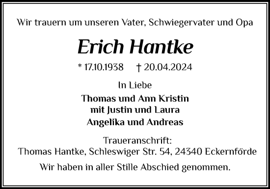 Traueranzeige von Erich Hantke von Eckernförder Zeitung, Hallo Eckernförde