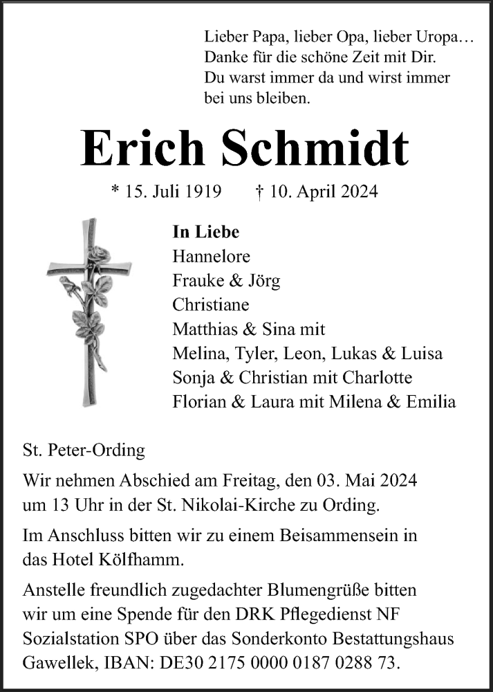  Traueranzeige für Erich Schmidt vom 19.04.2024 aus Husumer Nachrichten, Nordfriesland Tageblatt