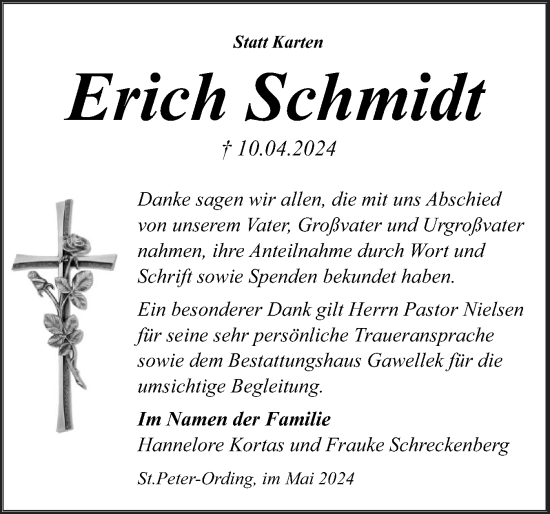 Traueranzeige von Erich Schmidt von Husumer Nachrichten, Nordfriesland Tageblatt