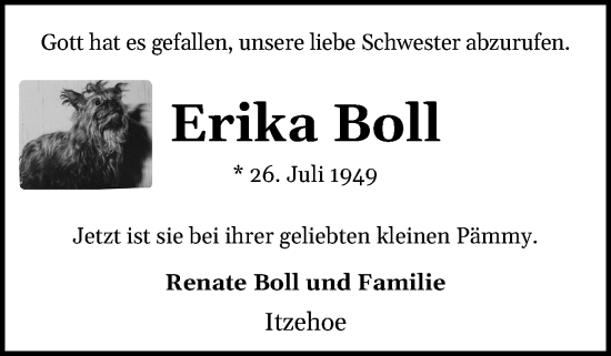 Traueranzeige von Erika Boll von Norddeutsche Rundschau, Wilstersche Zeitung, Glückstädter Fortuna