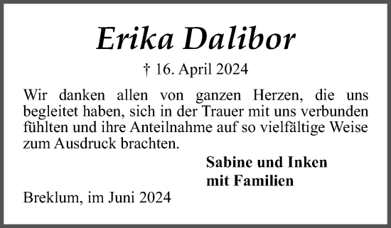 Traueranzeige von Erika Dalibor von Husumer Nachrichten, Nordfriesland Tageblatt