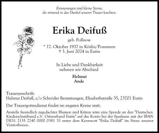 Traueranzeige von Erika Deifuß von Ostholsteiner Anzeiger