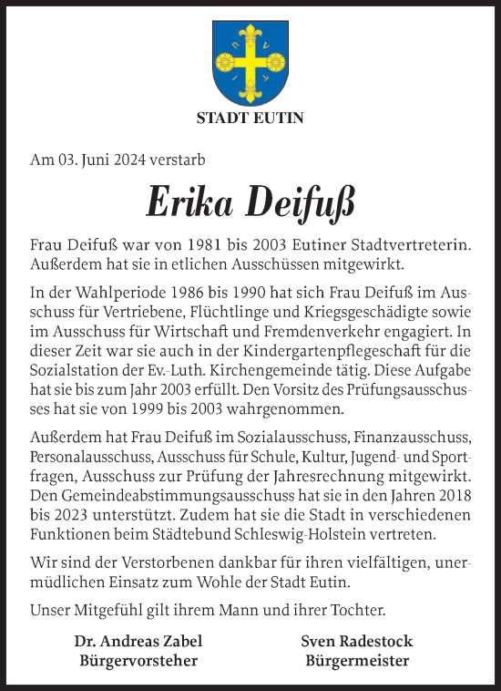 Traueranzeige von Erika Deifuß von Ostholsteiner Anzeiger