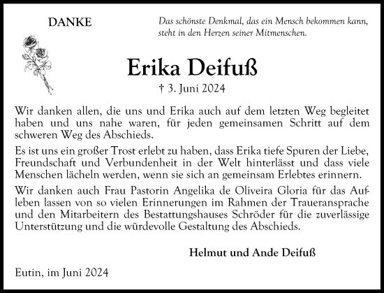 Traueranzeige von Erika Deifuß von Ostholsteiner Anzeiger