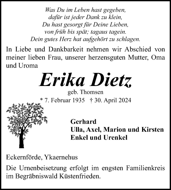 Traueranzeige von Erika Dietz von Eckernförder Zeitung, Hallo Eckernförde