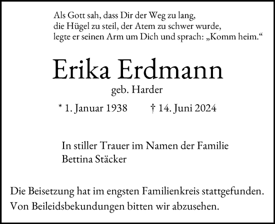 Traueranzeige von Erika Erdmann von Schleswig-Holsteinische Landeszeitung