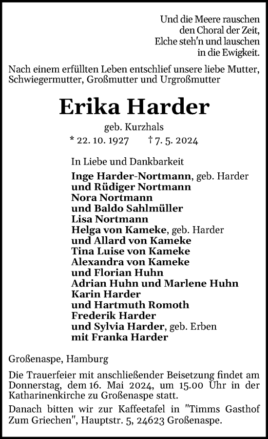 Traueranzeige von Erika Harder von Holsteinischer Courier