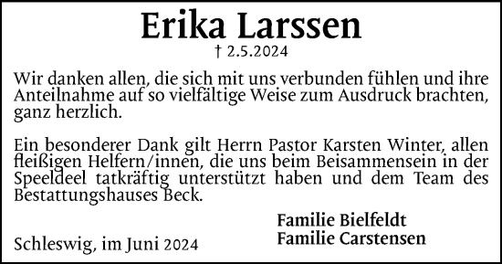 Traueranzeige von Erika Larssen von Schleswiger Nachrichten, Schlei-Bote