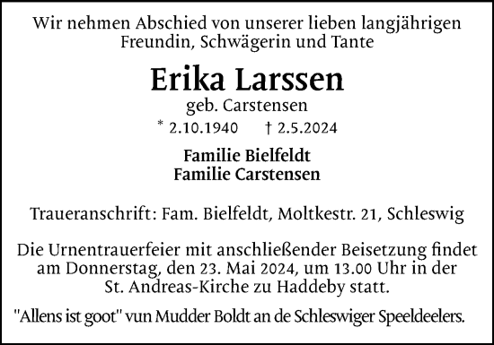 Traueranzeige von Erika Larssen von Schleswiger Nachrichten, Schlei-Bote