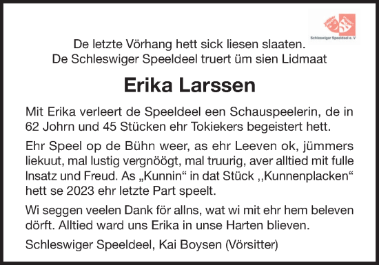 Traueranzeige von Erika Larssen von Schleswiger Nachrichten, Schlei-Bote