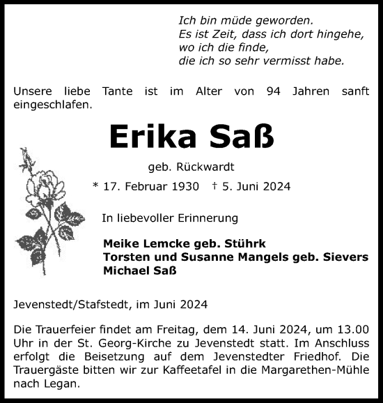 Traueranzeige von Erika Saß von Schleswig-Holsteinische Landeszeitung
