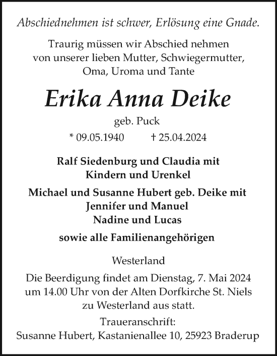 Traueranzeige von Erika Anna Deike von Sylter Rundschau