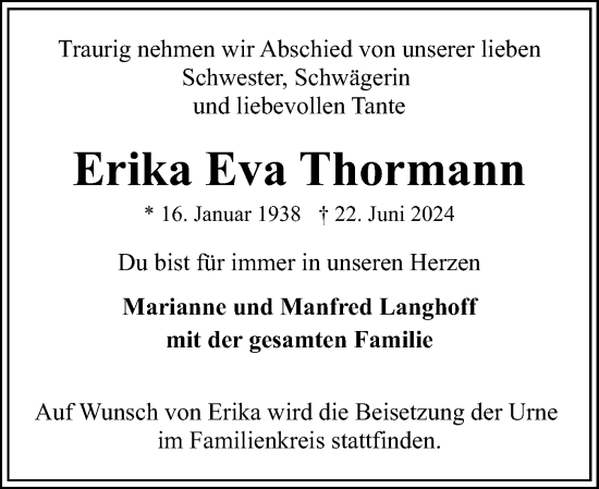 Traueranzeige von Erika Eva Thormann von Eckernförder Zeitung, Hallo Eckernförde