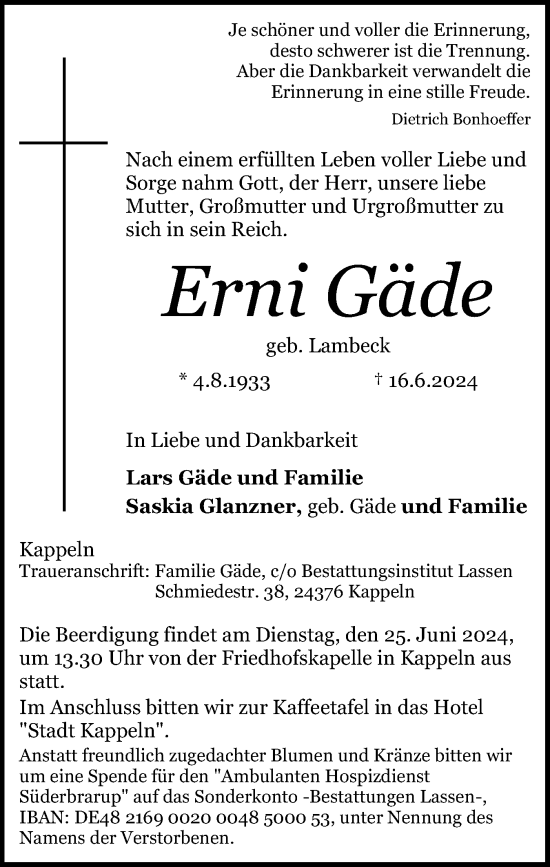 Traueranzeige von Erni Gäde von Schleswiger Nachrichten, Schlei-Bote