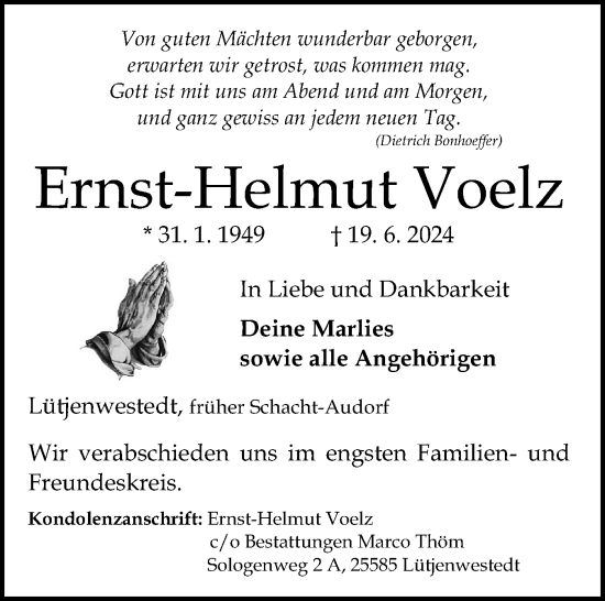 Traueranzeige von Ernst-Helmut Voelz von Schleswig-Holsteinische Landeszeitung