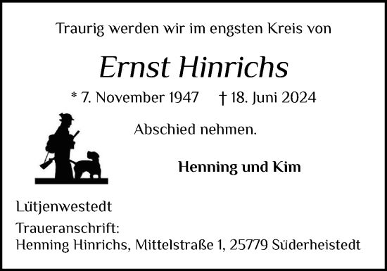 Traueranzeige von Ernst Hinrichs von Schleswig-Holsteinische Landeszeitung
