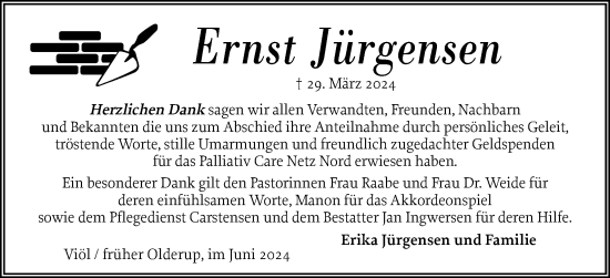 Traueranzeige von Ernst Jürgensen von Husumer Nachrichten, Nordfriesland Tageblatt
