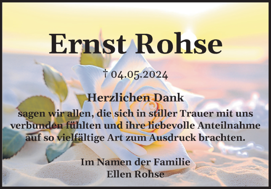 Traueranzeige von Ernst Rohse von Norddeutsche Rundschau, Wilstersche Zeitung, Glückstädter Fortuna