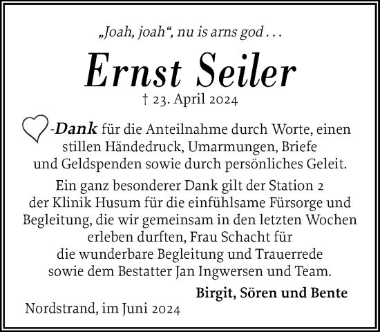 Traueranzeige von Ernst Seiler von Husumer Nachrichten, Nordfriesland Tageblatt