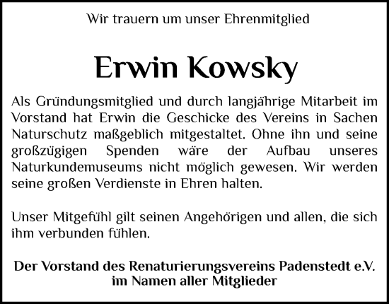 Traueranzeige von Erwin Kowsky von Holsteinischer Courier