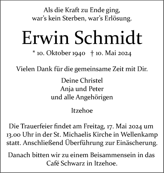 Traueranzeige von Erwin Schmidt von Norddeutsche Rundschau, Wilstersche Zeitung, Glückstädter Fortuna
