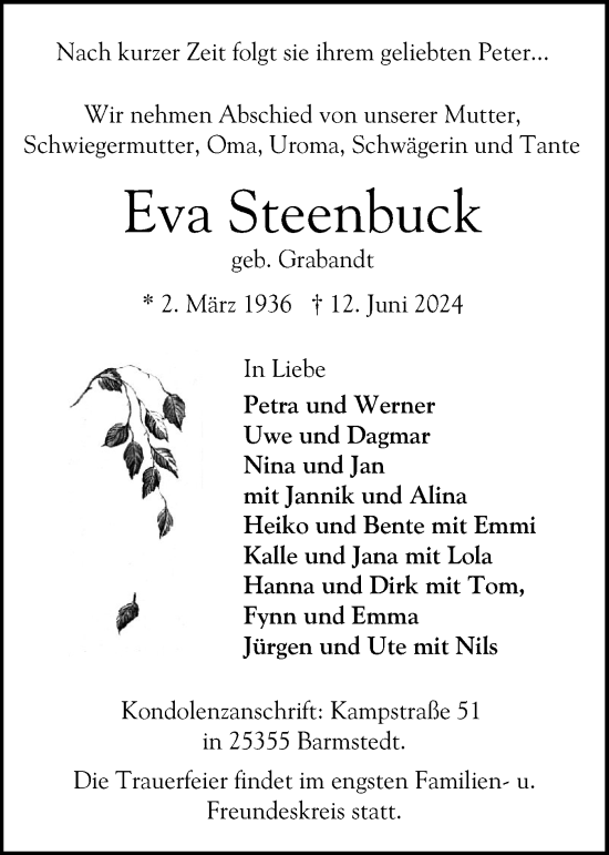 Traueranzeige von Eva Steenbuck von Elmshorner Nachrichten, Barmstedter Zeitung