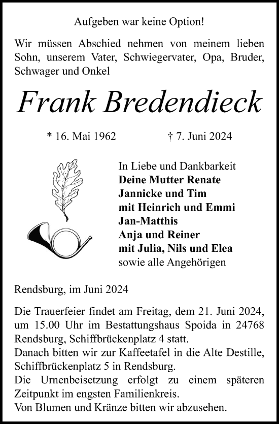 Traueranzeige von Frank Bredendieck von Schleswig-Holsteinische Landeszeitung