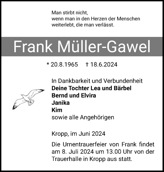 Traueranzeige von Frank Müller-Gawel von Schleswiger Nachrichten, Schlei-Bote