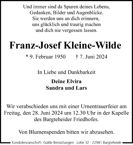 Traueranzeige von Franz-Josef Kleine-Wilde von Stormaner Tageblatt
