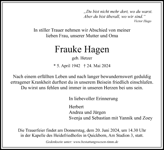 Traueranzeige von Frauke Hagen von Region Pinneberg und tip Pinneberg