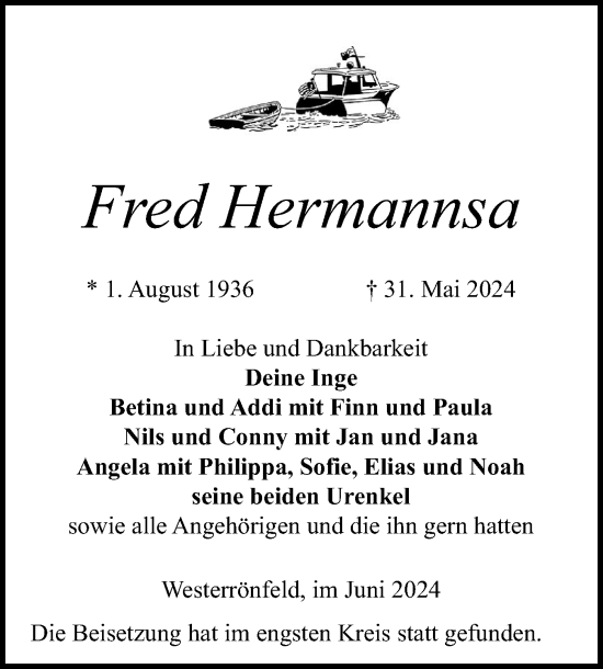 Traueranzeige von Fred Hermannsa von Schleswig-Holsteinische Landeszeitung