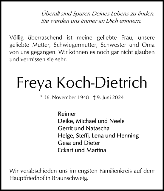 Traueranzeige von Freya Koch-Dietrich von Holsteinischer Courier
