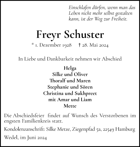 Traueranzeige von Freyr Schuster von Wedel-Schulauer Tageblatt, tip Wedel-Schulauer Tageblatt, tip Rissener Rundschau