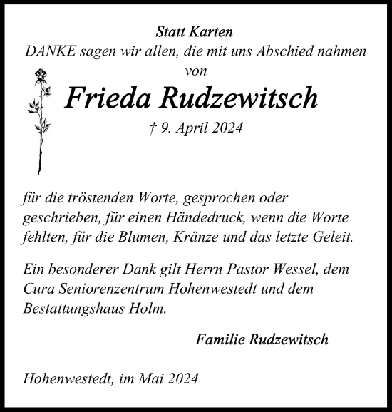 Traueranzeige von Frieda Rudzewitsch von Schleswig-Holsteinische Landeszeitung