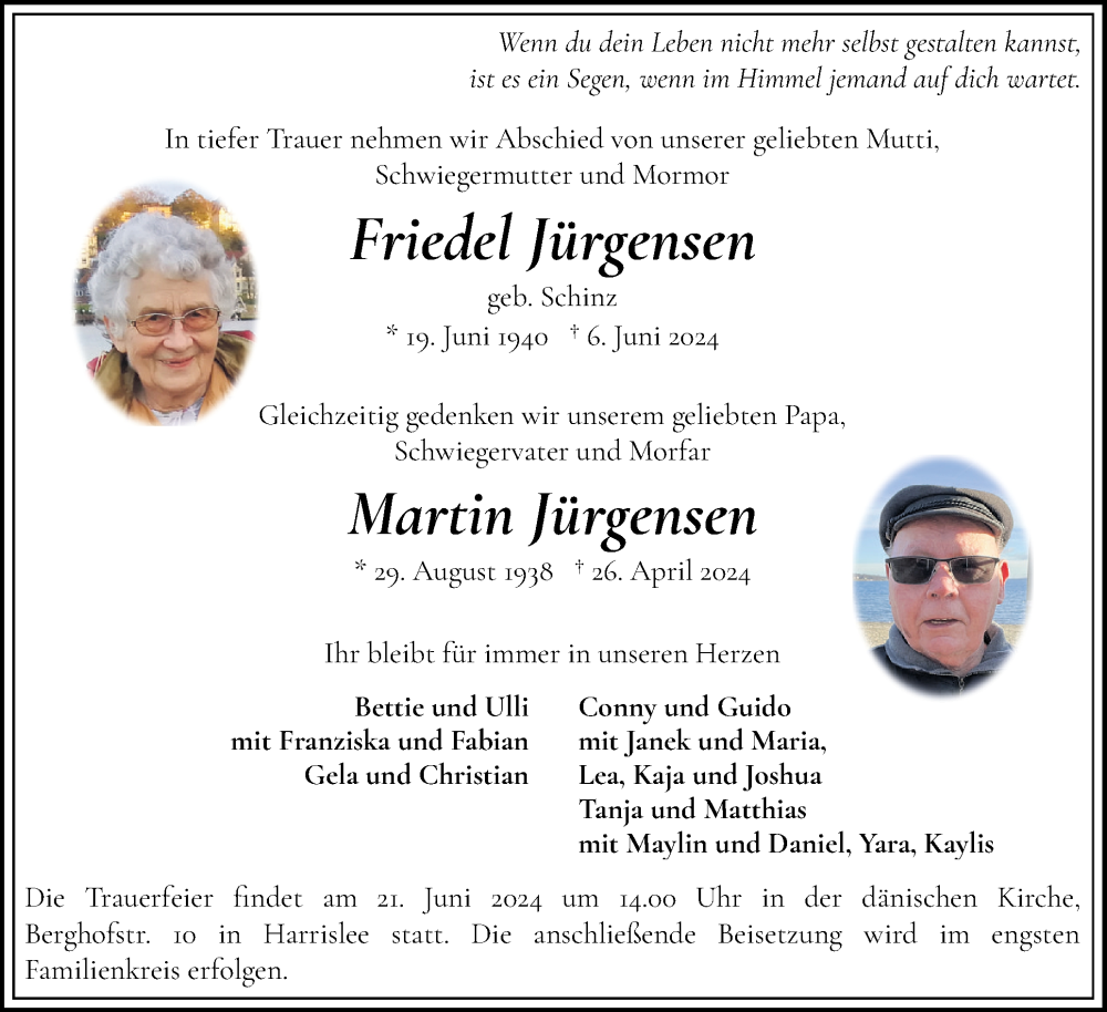  Traueranzeige für Friedel Jürgensen vom 15.06.2024 aus Flensburger Tageblatt