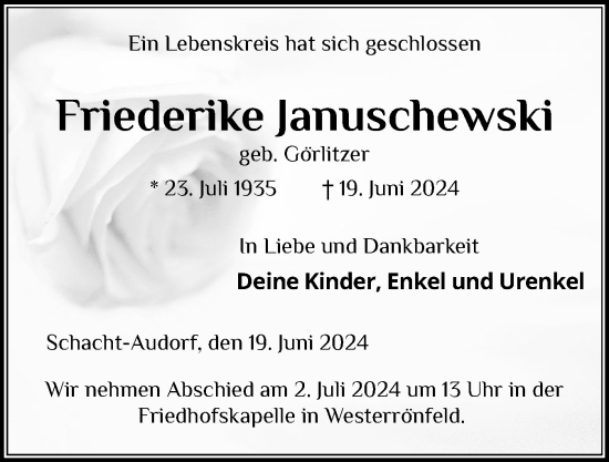 Traueranzeige von Friederike Januschewski von Schleswig-Holsteinische Landeszeitung