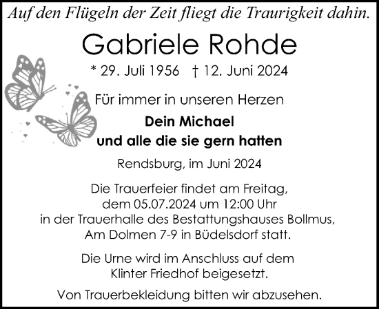 Traueranzeige von Gabriele Rohde von Schleswig-Holsteinische Landeszeitung