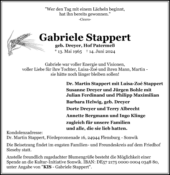 Traueranzeige von Gabriele Stappert von Flensburger Tageblatt, Schleswiger Nachrichten, Schlei-Bote