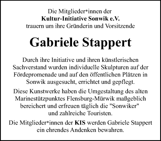 Traueranzeige von Gabriele Stappert von Flensburger Tageblatt