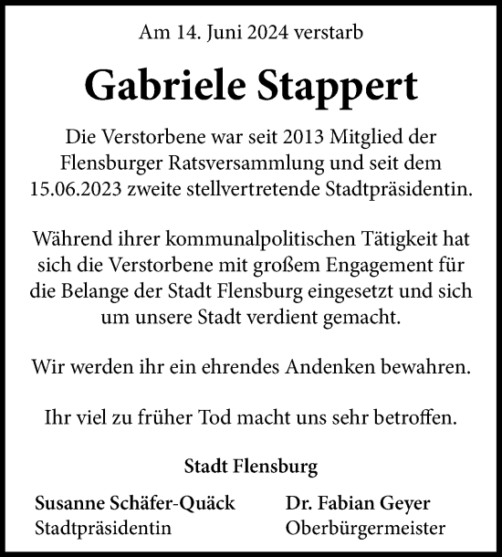 Traueranzeige von Gabriele Stappert von Flensburger Tageblatt