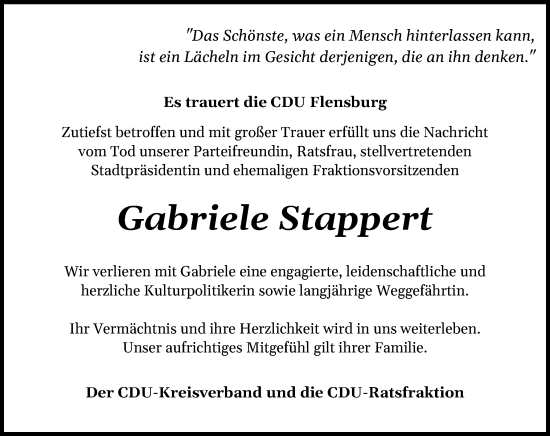 Traueranzeige von Gabriele Stappert von Flensburger Tageblatt