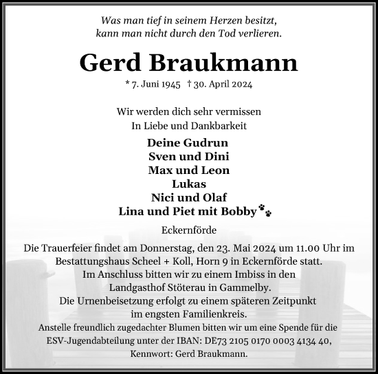 Traueranzeige von Gerd Braukmann von Eckernförder Zeitung, Hallo Eckernförde