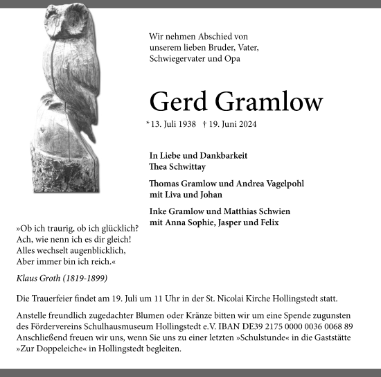 Traueranzeige von Gerd Gramlow von Schleswiger Nachrichten, Schlei-Bote